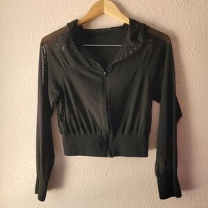 Black Mesh Cropped Sheer Full Zip Hoodie Top Goth Long Sleeve Alt Grunge Punk